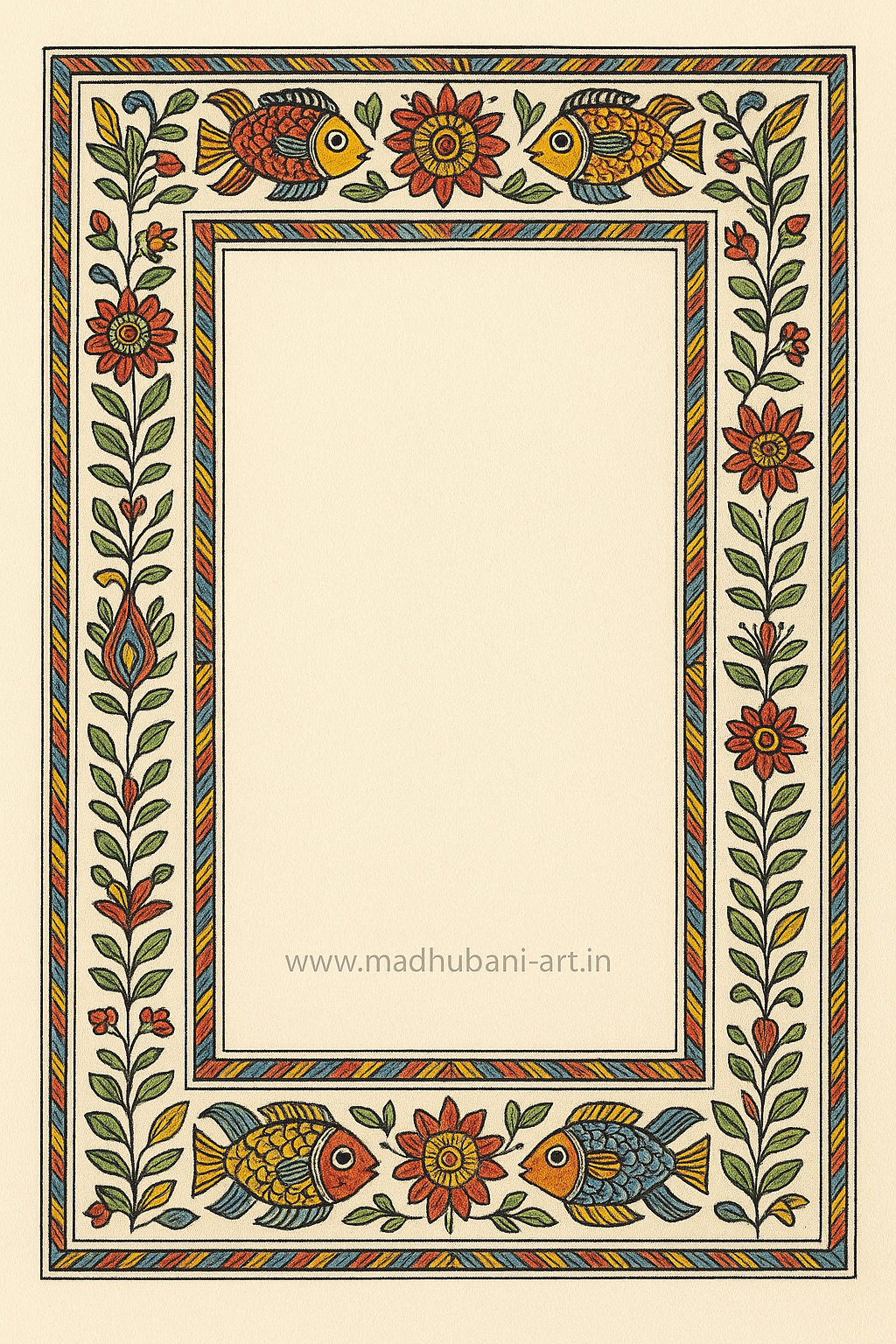 This Madhubani painting border features vibrant motifs of flowers, leaves, and fish, outlined with bold black lines and filled with red, yellow, green, and blue hues. The intricate design frames a plain cream centre, making it ideal for traditional artwork or decorative use.